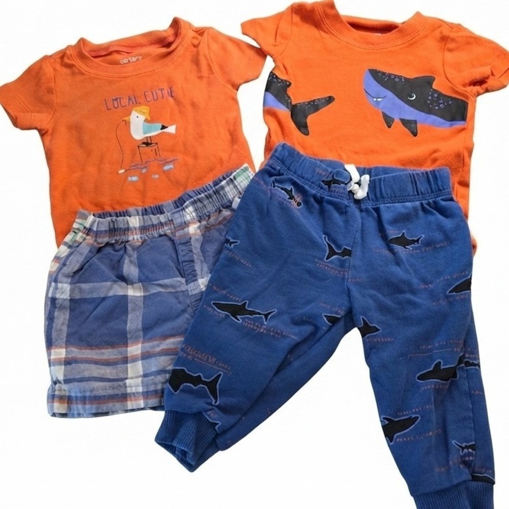 Carters Baby Boy shark lovers 4 Piece Set 9M Orange Shark Bodysuits Pants Shorts
